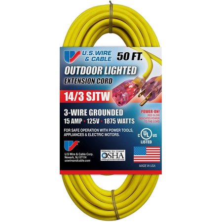 U.S. WIRE & CABLE 50 Ft. Three Conductor Yellow Temp-Flex Lighted Plug Cord, 14/3 Ga., 300V, 15A 73050